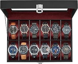 SONGMICS UJWB120R01 - Caja de reloj de 12 ranuras, organizador de caja de reloj, piel sintético negro, forro rojo vino