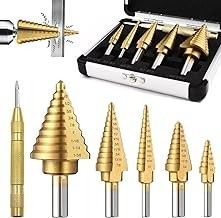 Brocas Escalonadas,5pcs Broca Escalonada para Metal y Punzón Central Automático,HSS Recubierto de Titanio,1/8" to 1-3/8",Doble