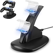 TECHVIDA Cargador Mandos PS4 con Base y Soporte, Estación de Carga Rápida Dual USB Cargador USB con Soporte Indicador del LED p